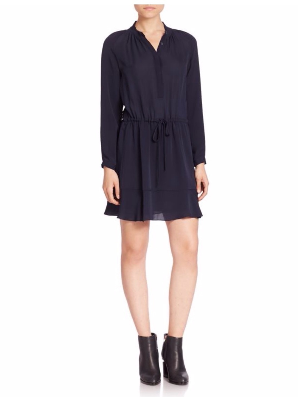 Rebecca Taylor Dark Navy Blue Silk Blouson LS Shirt Dress Ruffle Hem Mini Size 6
